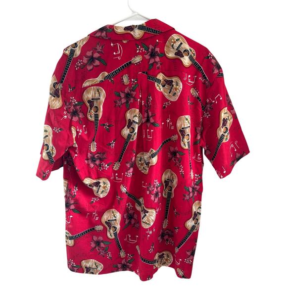Hilo Hattie Men's Hawaiian Shirt Red Hibiscus Guitars Size Large - Picture 6 of 6